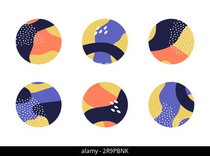 Vector set of various colorful highlight covers for social media stories. Abstract round icons with liquid shapes, lines, geometric elements. Hand dra Stock Vector