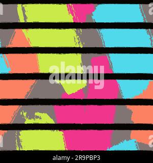 Vector abstract hand drawn seamless pattern with geometric and brush painted elements. Textured background with black stripes. Poster, card, textile, Stock Vector
