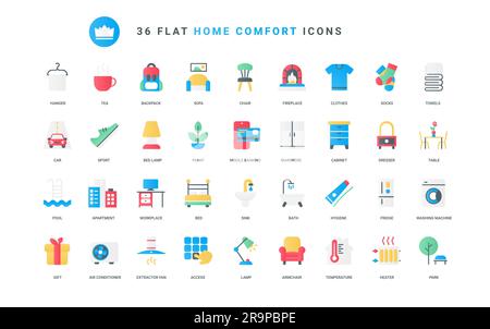 Comfortable clothes and furnishings for rooms, lifestyle hygiene tools and electrical appliances, fireplace. Furniture and home equipment trendy flat icons set vector illustration Stock Vector