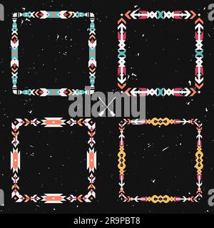 Vector grunge set with abstract geometric ethnic frames. Tribal graphic design elements. Boho style. American indian and aztec motifs. Stock Vector