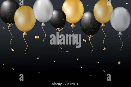 Festive design with realistic gold and black balloons, shiny confetti. On dark background. Stylish poster, cover, banner, website, mobile app Stock Vector