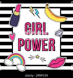 Vector poster 'Girl Power' with cute fashion patch badges: lips, rainbow, star, diamond, lipstick on striped background. Trendy collection of stickers Stock Vector