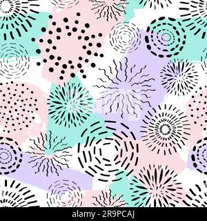 Vector seamless pattern with different ink circles and brush painted elements. Abstract trendy background with fireworks. Stock Vector