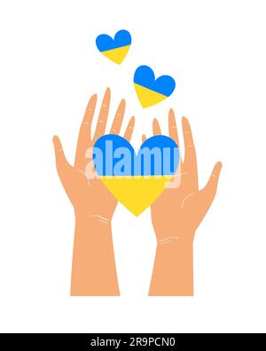 Vector illustration of human hands holding Blue and Yellow heart shaped flags of Ukraine isolated on white background. Stock Vector