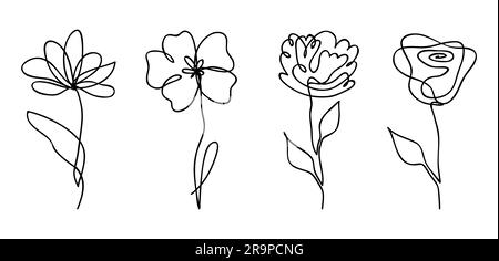 Vector set of one line drawing abstract flowers. Hand drawn modern minimalistic design for creative logo, icon or emblem Stock Vector