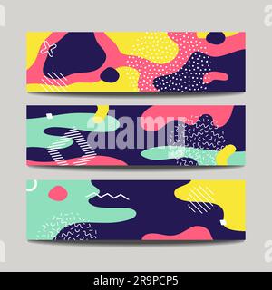 Vector abstract fun banners with modern liquid splashes of geometric shapes, lines and dots in trendy memphis style. Stock Vector