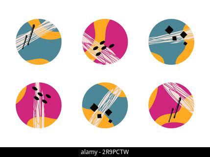 Vector set of various colorful highlight covers for social media stories. Abstract round icons with liquid shapes, lines, geometric elements. Hand dra Stock Vector
