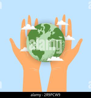 Vector illustration of human hands holding Earth globe with clouds. Concept of World Environment Day, recycle, sustainability, ecological zero waste l Stock Vector