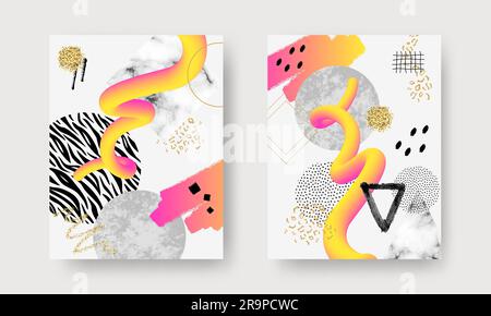 Abstract contemporary art posters with marble stones, doodle textures, geometric shapes, animal pattern, plants, dots and watercolor elements. Trendy Stock Vector