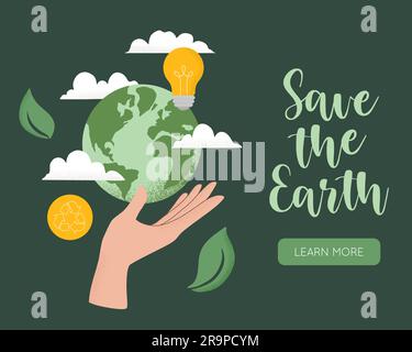 Vector illustration of human hand holding Earth globe, Recycle icon, light bulb, leaves and clouds. Concept of World Environment Day, Save the Earth, Stock Vector