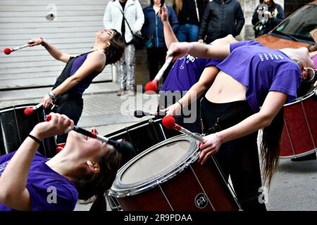 Igualada, Barcelona; March 8, 2020: celebration of Women's Day with the batucada group Protons Percussion, playing through the streets of Igualada Stock Photo