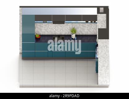 Teal green and grey kitchen cabinet isometric 3d visualization Stock Photo