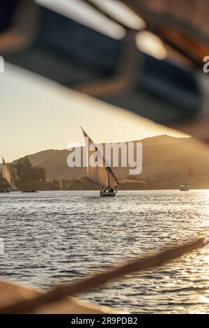 Egyptian Felucca boat cruising in the Nile River at Sunset Stock Photo ...