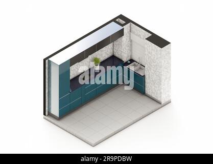 Teal green and grey kitchen cabinet orthographic visualization Stock Photo