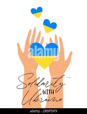 Vector illustration of human hands holding Blue and Yellow heart shaped flag of Ukraine with Solidarity with Ukraine lettering isolated on white backg Stock Vector