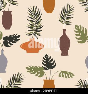 Vector contemporary seamless pattern with aesthetic hand drawn abstract plants, palms in pots, vases. Creative oriental Mid Century minimalist bohemia Stock Vector