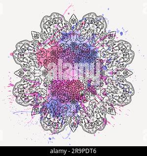 Vector illustration of round floral ornament with watercolor splash Stock Vector