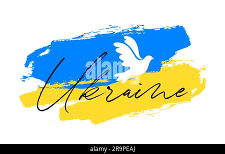 Vector illustration of Blue and Yellow flag of Ukraine with flying bird dove as a symbol of peace isolated on white background. Stop War concept. Stock Vector