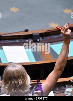 Brussels, Belgium. 28th June, 2023. PVDA/PTB's Sofie Merckx reacts during a plenary session of the Chamber at the Federal Parliament in Brussels on Wednesday 28 June 2023. BELGA PHOTO ERIC LALMAND Credit: Belga News Agency/Alamy Live News Stock Photo