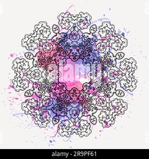 Vector illustration of round floral ornament with watercolor splash Stock Vector