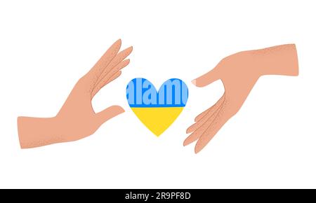 Vector illustration of human hands holding Blue and Yellow heart shaped flag of Ukraine. Stop War concept isolated on white background. Stock Vector