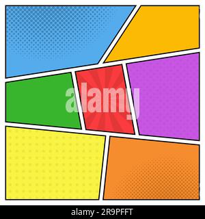 Vector colorful template of comic book page with rays, stars, dots, halftone background Stock Vector