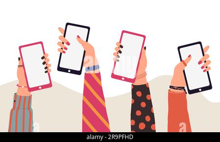 Vector trendy illustration of cartoon people hands using smartphones. Modern communication concept of arms holding mobile phone for application, mock Stock Vector