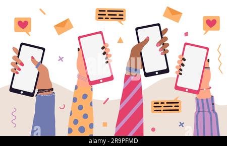 Vector trendy illustration of cartoon people hands using smartphones. Modern communication concept of arms holding mobile phone for application, mock Stock Vector