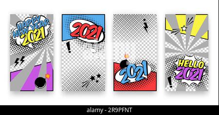 Vector trendy editable winter Happy 2021 New Year and Christmas set of templates for social media network stories in pop art comics style. Modern back Stock Vector