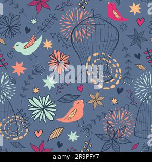 Vector cute seamless floral pattern with birds, cages, flowers, leaves and hearts. Can be used for scrapbooking, wallpapers, pattern fills, web page b Stock Vector