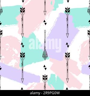 Vector seamless pattern with tribal arrows, triangles and brush painted elements. Boho style Stock Vector