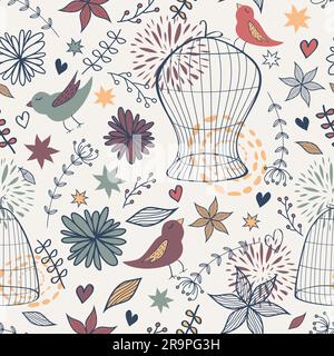 Vector cute seamless floral pattern with birds, cages, flowers, leaves and hearts. Can be used for scrapbooking, wallpapers, pattern fills, web page b Stock Vector