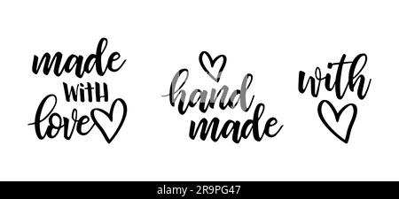 Vector set with trendy hand made labels and badges with heart symbol. Handmade, Made with Love lettering for handcraft goods isolated on white backgro Stock Vector