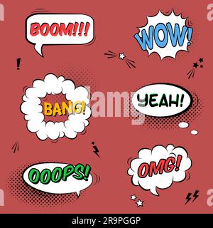Vector set with comic speech bubbles with sound effects, stars and halftone shadows Stock Vector