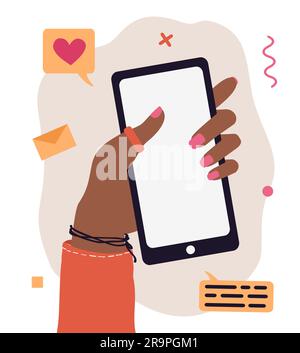 Vector trendy illustration of cartoon human hand using smartphone. Modern communication concept of arm holding mobile phone for application, mock up, Stock Vector