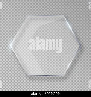 Vector hexagon shiny glass frame isolated on fake transparent background Stock Vector