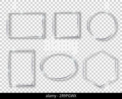 Vector set with silver shiny vintage frames isolated on transparent background. Luxury glowing realistic borders with shadows: oval, round, hexagon, s Stock Vector