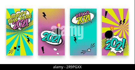Vector trendy editable winter Happy 2021 New Year and Christmas set of templates for social media network stories in pop art comics style. Modern back Stock Vector