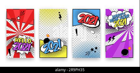 Vector trendy editable winter Happy 2021 New Year and Christmas set of templates for social media network stories in pop art comics style. Modern back Stock Vector