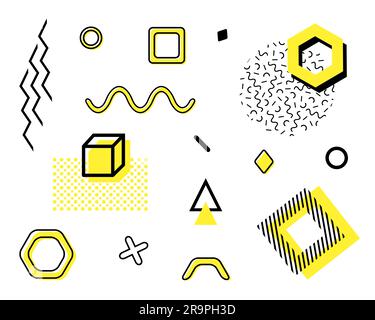 Vector set with trendy geometric shapes. Retro funky graphic, 90s and 80s design elements for magazine, leaflet, billboard, print, cover, banners Stock Vector