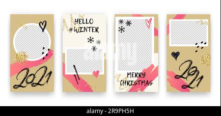 Vector trendy editable winter 2021 New Year, Christmas set of templates for social media network stories. Modern backgrounds with geometric elements, Stock Vector