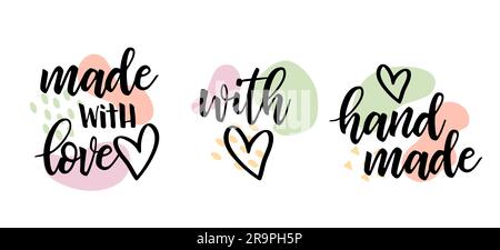 Vector set with trendy hand made labels and badges with heart symbol. Handmade, Made with Love lettering for handcraft goods isolated on white backgro Stock Vector