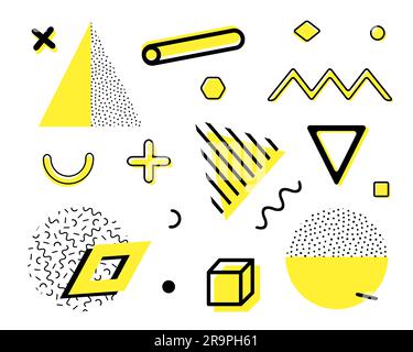 Vector set with trendy geometric shapes. Retro funky graphic, 90s and 80s design elements for magazine, leaflet, billboard, print, cover, banners Stock Vector