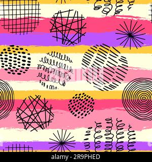 Vector seamless pattern with round textured elements for posters, prints, textile, fabric. Hand drawn contemporary trendy doodle shapes with stripes, Stock Vector