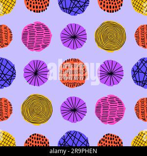 Vector seamless pattern with round textured elements for posters, prints, textile, fabric. Hand drawn contemporary trendy doodle shapes with stripes, Stock Vector