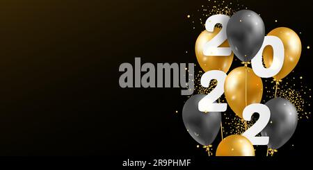 Vector Illustration 2022 HAPPY NEW YEAR with 3d realistic balloons and 2022 numbers. Typography print poster, holiday decoration background, seasonal Stock Vector