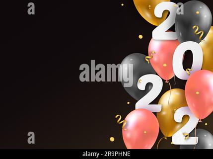 Vector Illustration 2022 HAPPY NEW YEAR with 3d realistic balloons and 2022 numbers. Typography print poster, holiday decoration background, seasonal Stock Vector