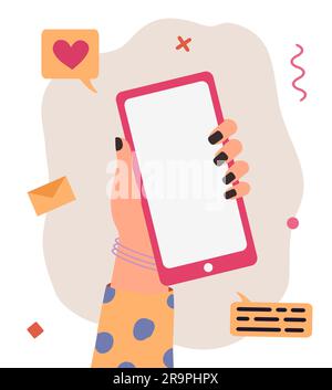 Vector trendy illustration of cartoon human hand using smartphone. Modern communication concept of arm holding mobile phone for application, mock up, Stock Vector