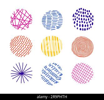 Vector set with round textured elements for posters, prints, Social Media Icons. Hand drawn contemporary trendy doodle shapes with stripes, dots, line Stock Vector