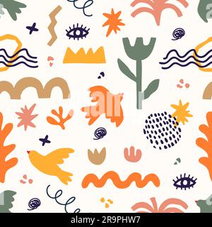 Vector seamless pattern with abstract geometric shapes in aesthetic Matisse style. Creative hand drawn contemporary doodle elements: flowers, plants, Stock Vector